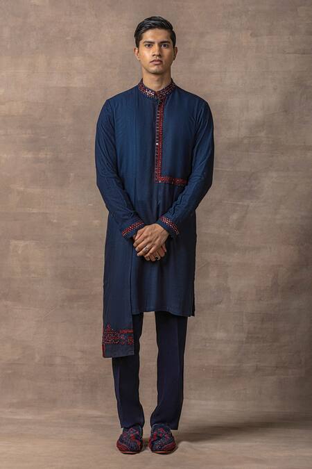 Sarab Khanijou_Blue Silk Embroidery Thread Panel Kurta Set _Online_at_Aza_Fashions