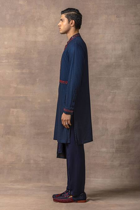 Buy_Sarab Khanijou_Blue Silk Embroidery Thread Panel Kurta Set _Online_at_Aza_Fashions