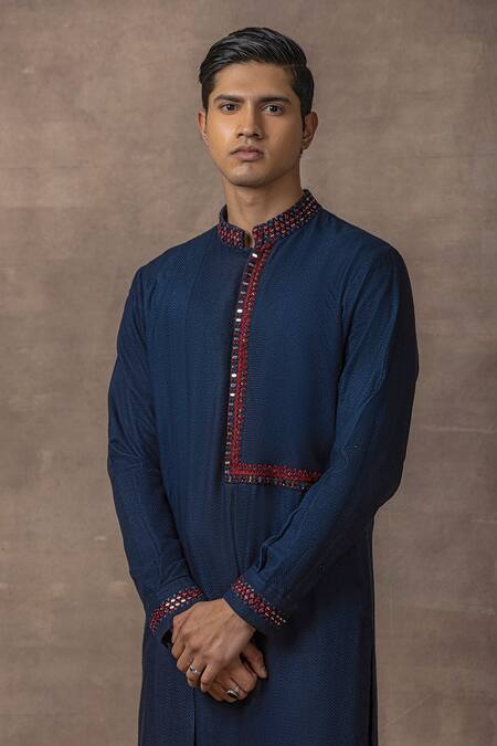 Shop_Sarab Khanijou_Blue Silk Embroidery Thread Panel Kurta Set _Online_at_Aza_Fashions