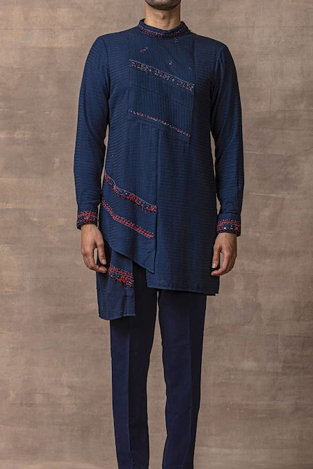 Sarab Khanijou_Blue Silk Pearls, Embroidery Thread Kurta Set _at_Aza_Fashions