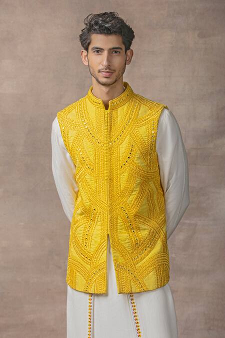 Sarab Khanijou Yellow Organza, Modal Mirrors, Embroidery Thread And Work Waist Coat & Kurta Set at Aza Fashions Sarab Khanijou_Yellow Organza, Modal Mirrors, Embroidery Thread And Work Waist Coat & Kurta Set _at_Aza_Fashions
