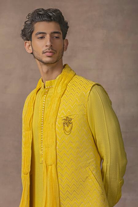 Shop Sarab Khanijou Yellow Modal, Mohair Draped Waist Coat And Kurta Set Online at Aza Fashions Shop_Sarab Khanijou_Yellow Modal, Mohair Draped Waist Coat And Kurta Set _Online_at_Aza_Fashions