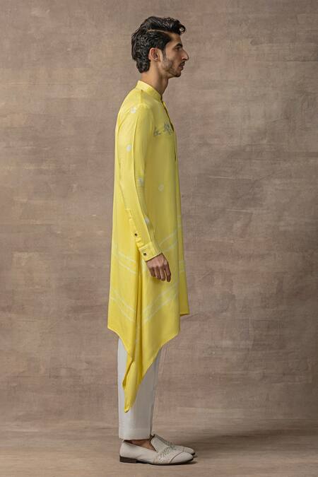 Shop_Sarab Khanijou_Yellow Moss Crepe Plain Tie Dye Full Sleeve Kurta Set _Online_at_Aza_Fashions