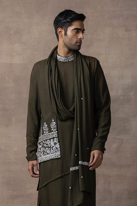 Buy Sarab Khanijou Green Moss Crepe Embroidery Thread Draped Kurta Pant Set Online at Aza Fashions Buy_Sarab Khanijou_Green Moss Crepe Embroidery Thread Draped Kurta Pant Set _Online_at_Aza_Fashions