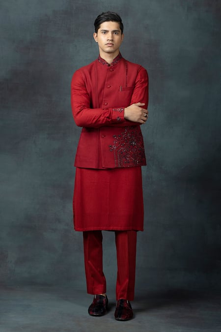 Shop Sarab Khanijou Red Silk Embroidery Floral Placement Work Waist Coat And Kurta Set Online at Aza Fashions Shop_Sarab Khanijou_Red Silk Embroidery Floral Placement Work Waist Coat And Kurta Set _Online_at_Aza_Fashions