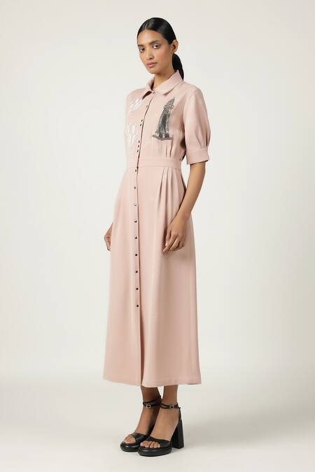 Buy_Shahin Mannan_Brown Crepe Embroidery Shawl Neck Side Pleated Shirt Dress _Online_at_Aza_Fashions