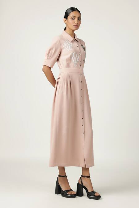 Shop_Shahin Mannan_Brown Crepe Embroidery Shawl Neck Side Pleated Shirt Dress _Online_at_Aza_Fashions