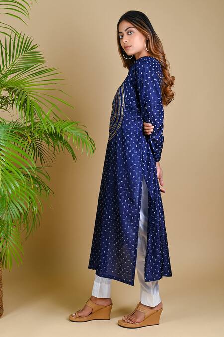 Dyelogue_Blue Mulberry Silk Bandhani Kurta _Online_at_Aza_Fashions