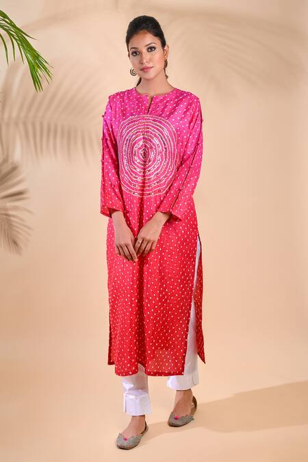Dyelogue Pink Mulberry Silk Bandhani Kurta Online at Aza Fashions Dyelogue_Pink Mulberry Silk Bandhani Kurta _Online_at_Aza_Fashions
