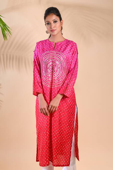 Buy Dyelogue Pink Mulberry Silk Bandhani Kurta Online at Aza Fashions Buy_Dyelogue_Pink Mulberry Silk Bandhani Kurta _Online_at_Aza_Fashions