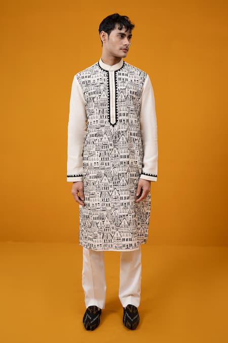 Wabi Sabi By Anshum-Ritesh Ivory Chanderi Embroidery Cityscape Kurta Set 
