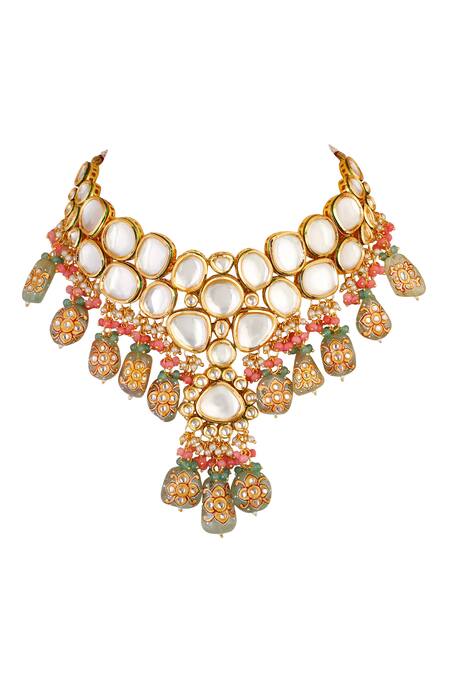 ChhavI'S Jewels_Gold Plated Stones, Beads, Zari Kundan Pendant Drop Choker Set_Online_at_Aza_Fashions