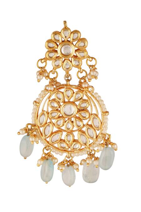 Buy_ChhavI'S Jewels_Blue Gota Patti Floral Carved Chandbali Earrings _Online_at_Aza_Fashions