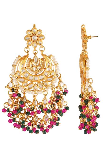 ChhavI'S Jewels_Gold Plated Gota Patti, Beads Drop Carved Chandbali Earrings _Online_at_Aza_Fashions