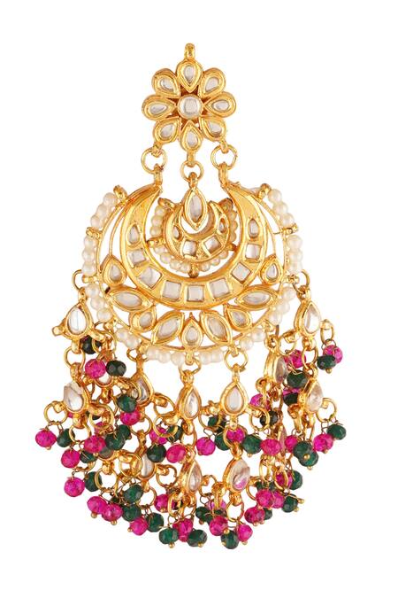 Buy_ChhavI'S Jewels_Gold Plated Gota Patti, Beads Drop Carved Chandbali Earrings _Online_at_Aza_Fashions