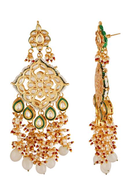 ChhavI'S Jewels_Gold Plated Floral And Leaf Carved Dangler Earrings _Online_at_Aza_Fashions