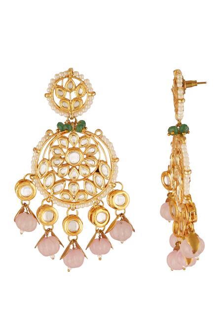 ChhavI'S Jewels_Gold Plated Gota Patti, Beads Kundan Carved Chandbali Earrings _Online_at_Aza_Fashions