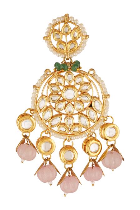 Buy_ChhavI'S Jewels_Gold Plated Gota Patti, Beads Kundan Carved Chandbali Earrings _Online_at_Aza_Fashions