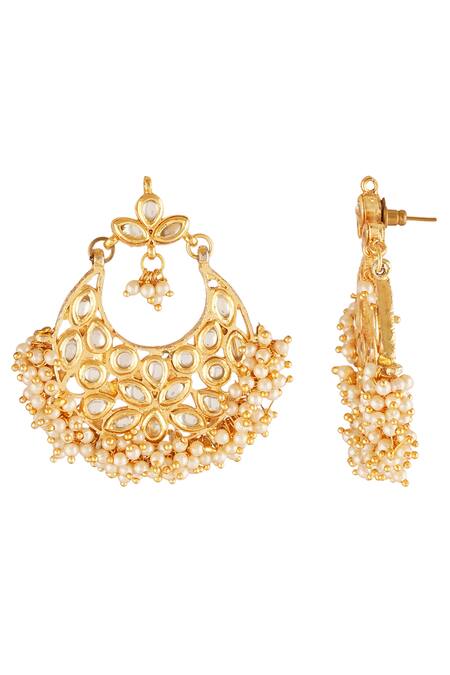 ChhavI'S Jewels_Gold Plated Chains, Beads Drop Chandbali Earrings _Online_at_Aza_Fashions