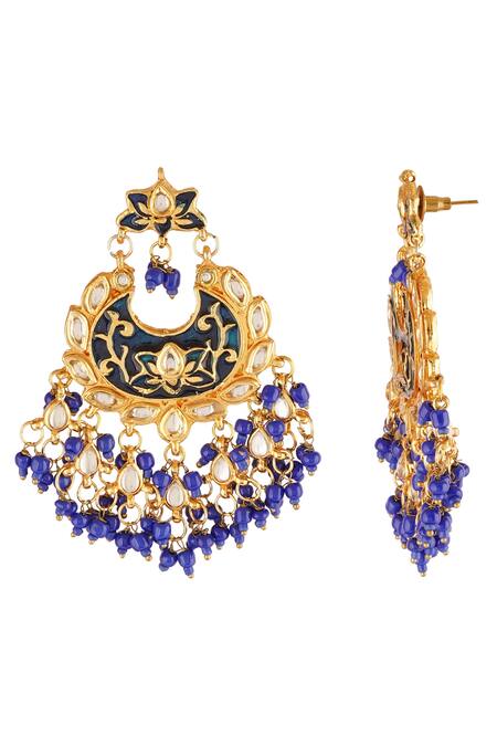 ChhavI'S Jewels_Blue Cut Work, Beads Kundan Stone Chandbali Earrings_Online_at_Aza_Fashions