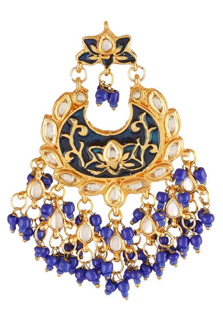 Buy_ChhavI'S Jewels_Blue Cut Work, Beads Kundan Stone Chandbali Earrings_Online_at_Aza_Fashions
