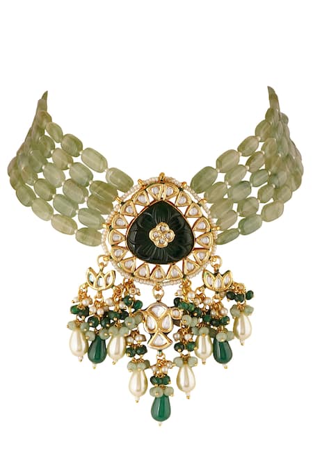 ChhavI'S Jewels Gold Plated Bows, Stones Kundan Carved Necklace Set Online at Aza Fashions ChhavI'S Jewels_Gold Plated Bows, Stones Kundan Carved Necklace Set _Online_at_Aza_Fashions