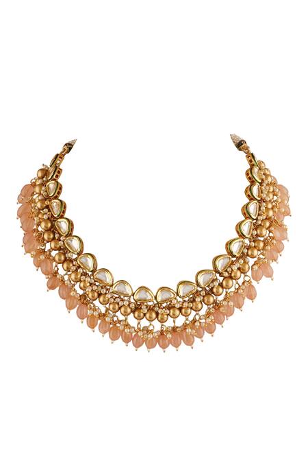 ChhavI'S Jewels Gold Plated Diamonds, Stones Bead Drop Carved Necklace Set Online at Aza Fashions ChhavI'S Jewels_Gold Plated Diamonds, Stones Bead Drop Carved Necklace Set _Online_at_Aza_Fashions