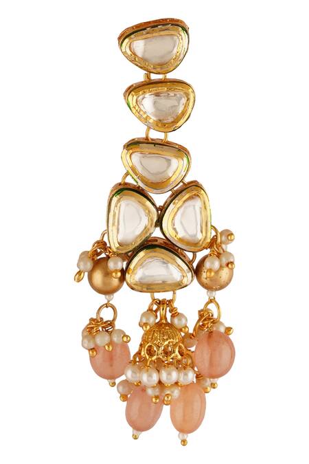 ChhavI'S Jewels_Gold Plated Diamonds, Stones Bead Drop Carved Necklace Set _at_Aza_Fashions