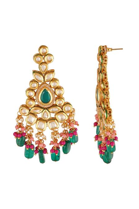 Shop_ChhavI'S Jewels_Gold Plated Diamonds, Stones, Beads Carved Necklace Set_Online_at_Aza_Fashions