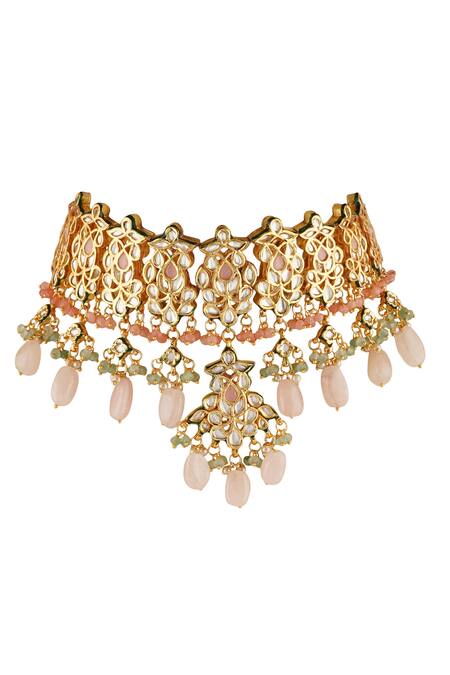 ChhavI'S Jewels_Gold Plated Gota Patti Bead Drop Carved Necklace Set _Online_at_Aza_Fashions