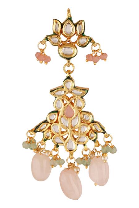 ChhavI'S Jewels_Gold Plated Gota Patti Bead Drop Carved Necklace Set _at_Aza_Fashions