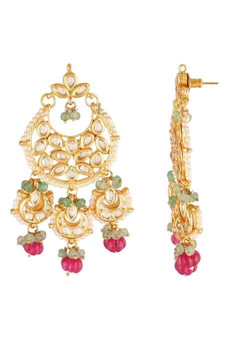 ChhavI'S Jewels_Gold Plated Beads, Diamonds Crescent Moon Carved Chandbalis _Online_at_Aza_Fashions