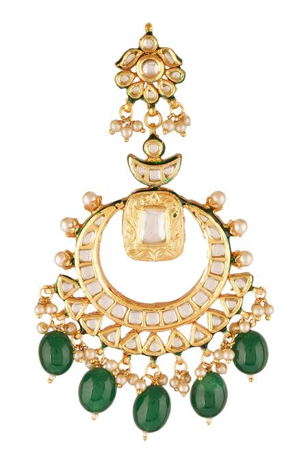 ChhavI'S Jewels_Gold Plated Pearls, Stones Bead Drop Carved Necklace Set_at_Aza_Fashions