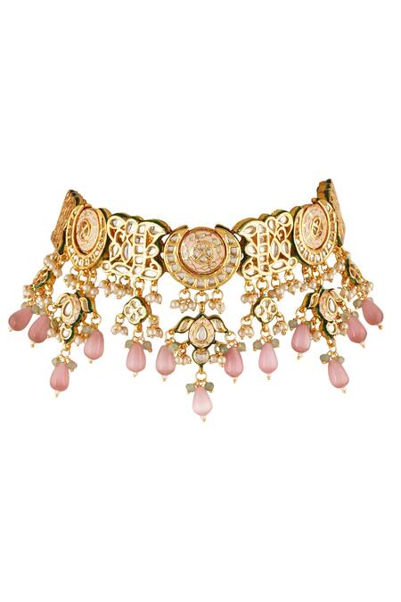 ChhavI'S Jewels_Gold Plated Applique, Beads, Diamonds Kundan Stone Carved Necklace Set _Online_at_Aza_Fashions