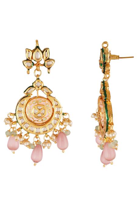 Shop_ChhavI'S Jewels_Gold Plated Applique, Beads, Diamonds Kundan Stone Carved Necklace Set _Online_at_Aza_Fashions