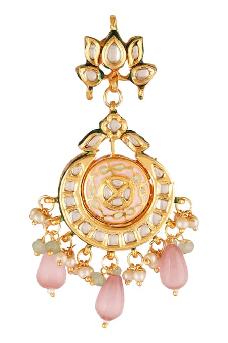 ChhavI'S Jewels_Gold Plated Applique, Beads, Diamonds Kundan Stone Carved Necklace Set _at_Aza_Fashions