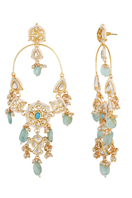 ChhavI'S Jewels_Gold Plated Stones, Beads, Zari Kundan Floral Drop Chandeliers _Online_at_Aza_Fashions