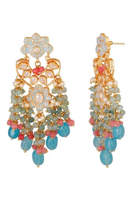 ChhavI'S Jewels_Gold Plated Kundan Floral Bead Drop Danglers_Online_at_Aza_Fashions