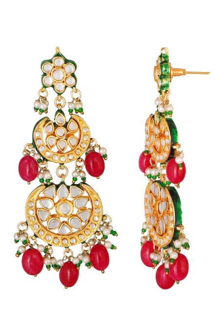 ChhavI'S Jewels_Gold Plated Stones, Beads Kundan Tiered Danglers _Online_at_Aza_Fashions