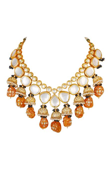 ChhavI'S Jewels_Gold Plated Stones, Beads Kundan Jhumka Drop Choker Set_Online_at_Aza_Fashions