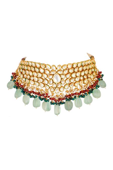 ChhavI'S Jewels_Gold Plated Stones, Beads Kundan Drop Choker Set _Online_at_Aza_Fashions