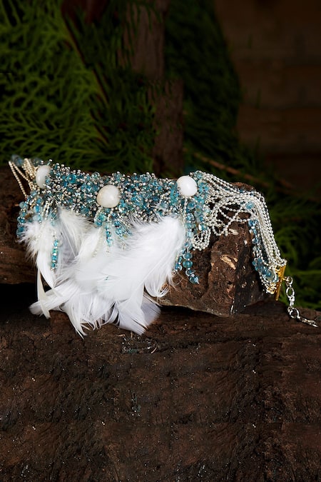 Buy_House Of D"Oro_Blue Stone Morning Glory Tassel Feather Choker_Online_at_Aza_Fashions