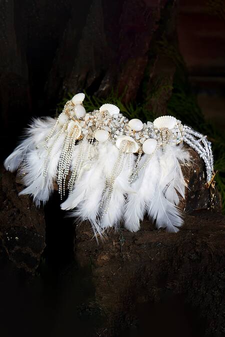 House Of D"Oro_White Stone Jasmine Feather Choker_Online_at_Aza_Fashions