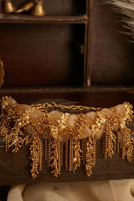 House Of D"Oro_Beige Stones Handcrafted Studded Choker_Online_at_Aza_Fashions