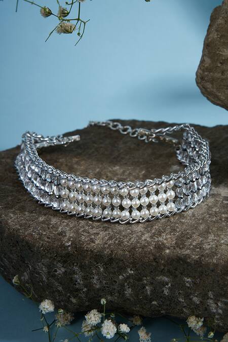 House Of D"Oro_Grey Pearls Handmade Studded Choker_Online_at_Aza_Fashions