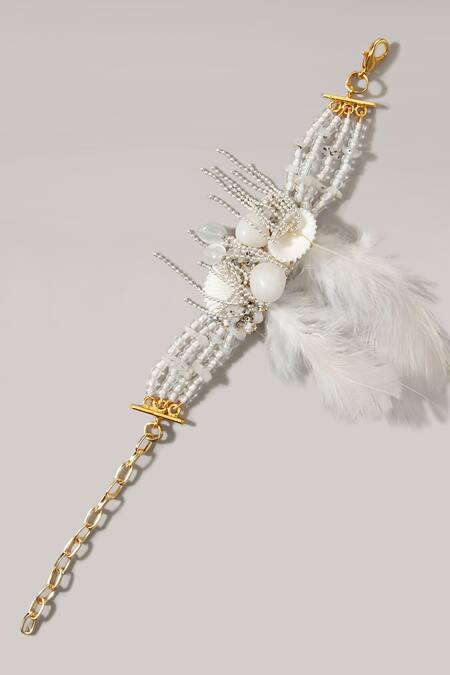 House Of D"Oro Gold Plated Beads Jasmine Uneven Tassel Feather Bracelet