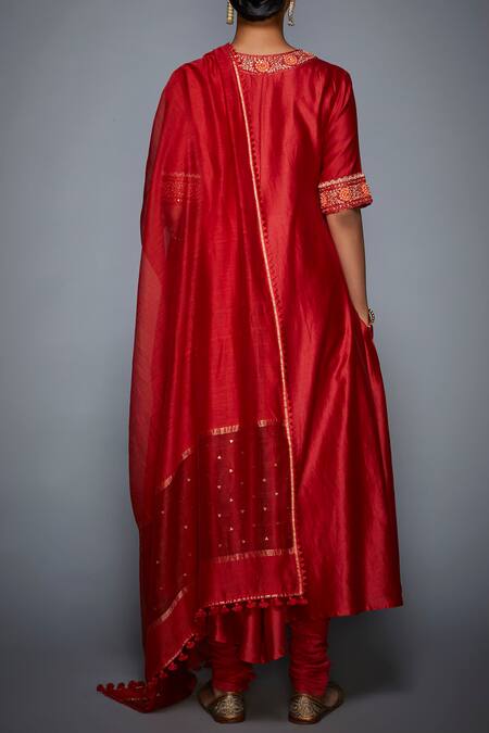 Shop_RI.Ritu Kumar_Red Cotton Silk V Neck Embroidered Kurta Set _at_Aza_Fashions