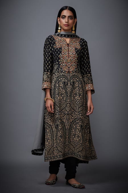 Shop_RI.Ritu Kumar_Black Silk Crepe Notched Embellished Kurta Set _Online_at_Aza_Fashions