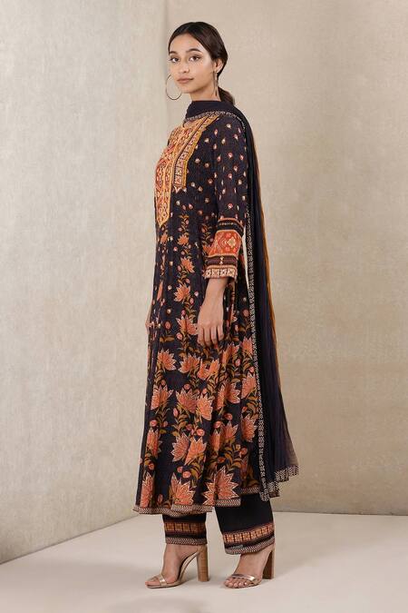 Buy_Ritu Kumar_Black Anarkali Cotton Georgette Pant Lycra Printed Set_Online_at_Aza_Fashions