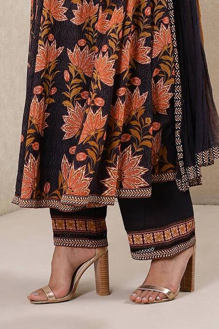 Shop_Ritu Kumar_Black Anarkali Cotton Georgette Pant Lycra Printed Set_Online_at_Aza_Fashions
